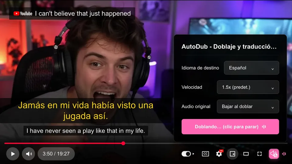 AutoDub dubbing a YouTube video with bilingual subtitles