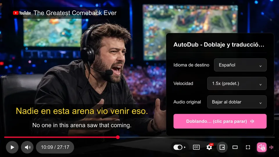 AutoDub dubbing a YouTube video: inglés → español