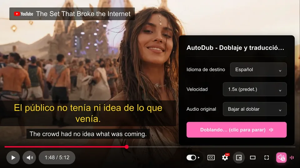 AutoDub dubbing a YouTube video: inglés → español