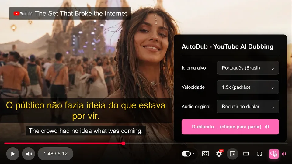 AutoDub dubbing a YouTube video: inglês → português