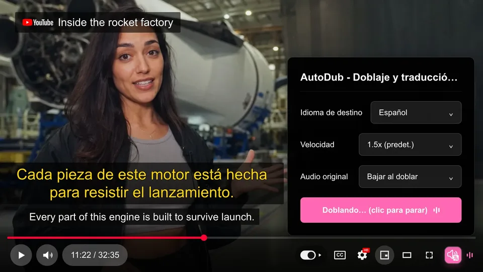 AutoDub dubbing a YouTube video: English → Spanish