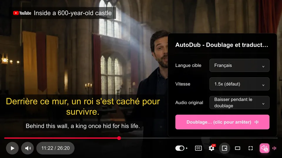 AutoDub dubbing a YouTube video: anglais → français