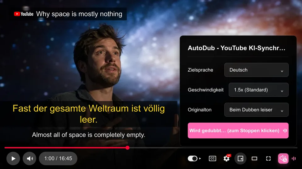 AutoDub dubbing a YouTube video: Englisch → Deutsch