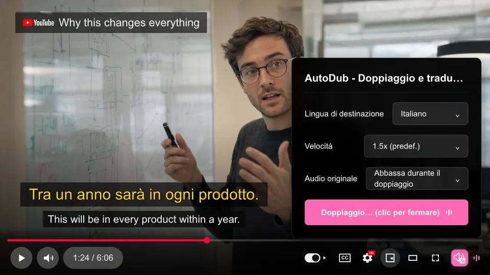 AutoDub dubbing a YouTube video: inglese → italiano