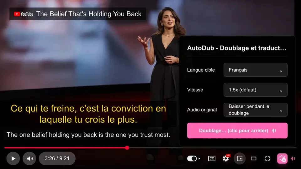 AutoDub dubbing a YouTube video: anglais → français